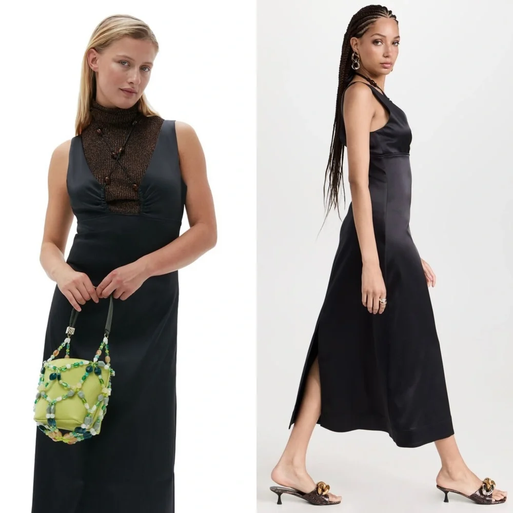 GANNI Satin Beaded Crisscross Halter Tie V-Neck Empire Waist Sleeveless Dress‎ S - Picture 2 of 14